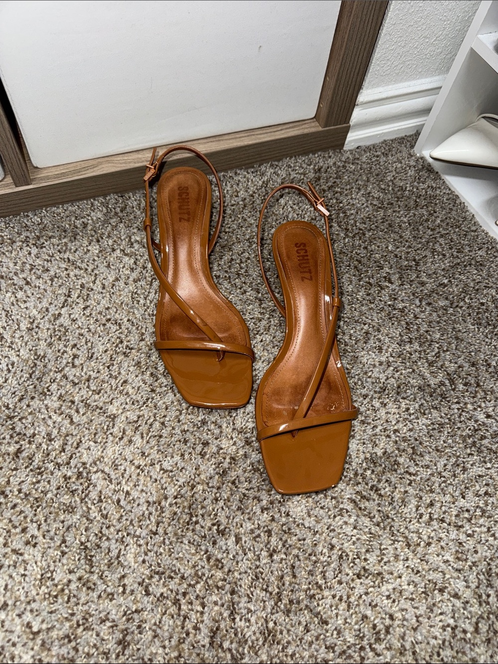 SCHUTZ Cognac Strappy Square-Toe Slingback kitten Heels
